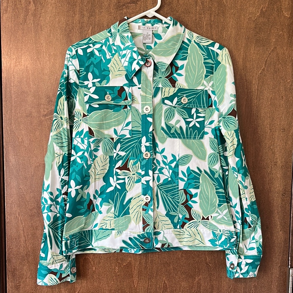 LH Sport Teal and Green Leaf Print Button-Up Jacket